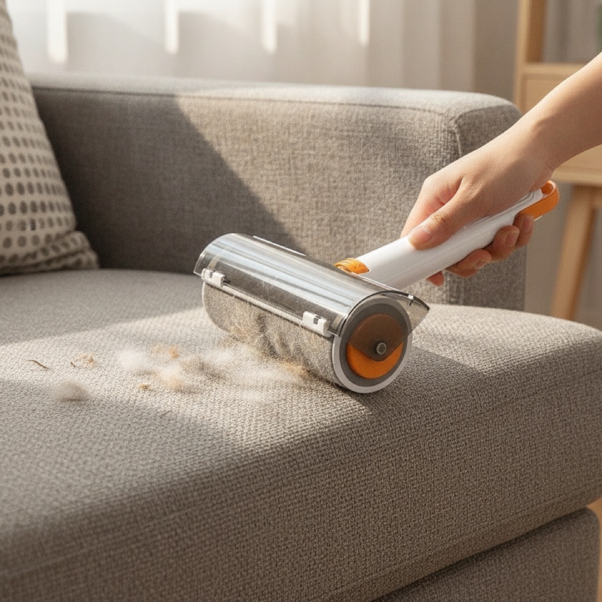Hand rolling the FurWhirl across a couch cushion