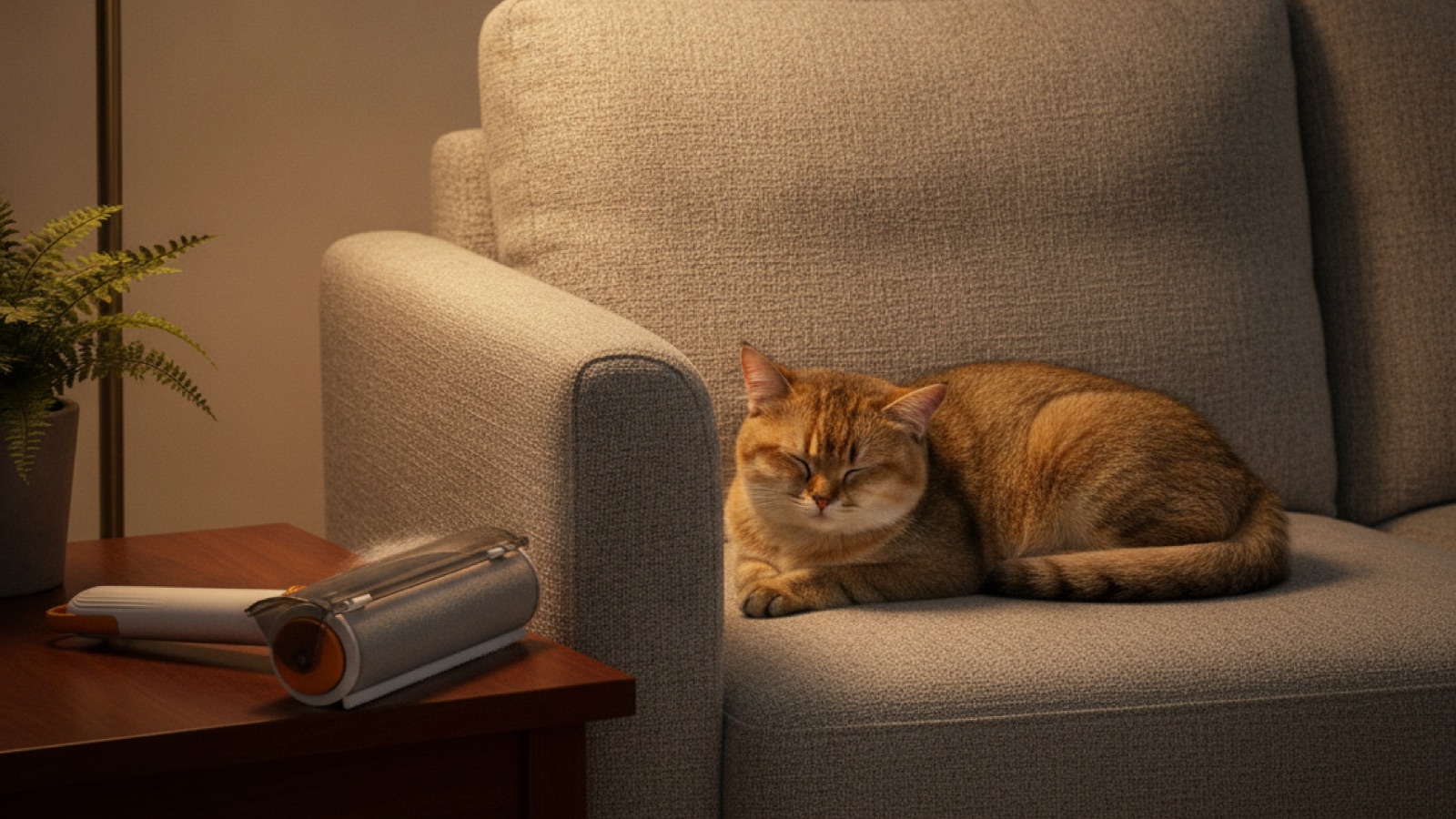 A dog asleep on a clean, fur-free sofa in warm evening light