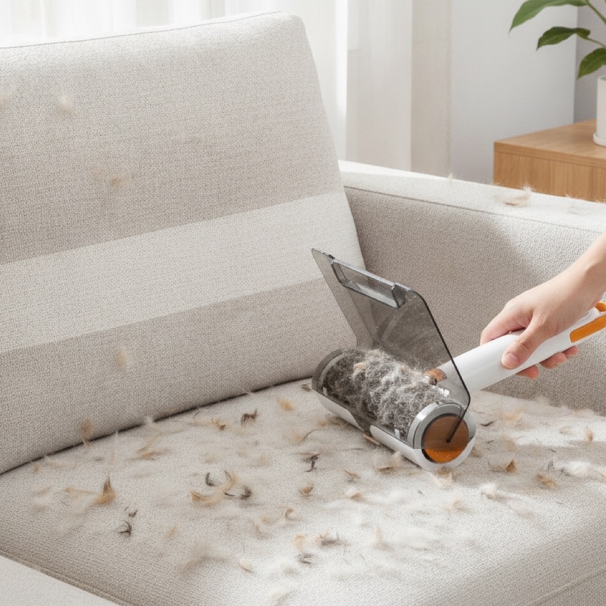 A clean stripe rolled through pet hair on a sofa cushion