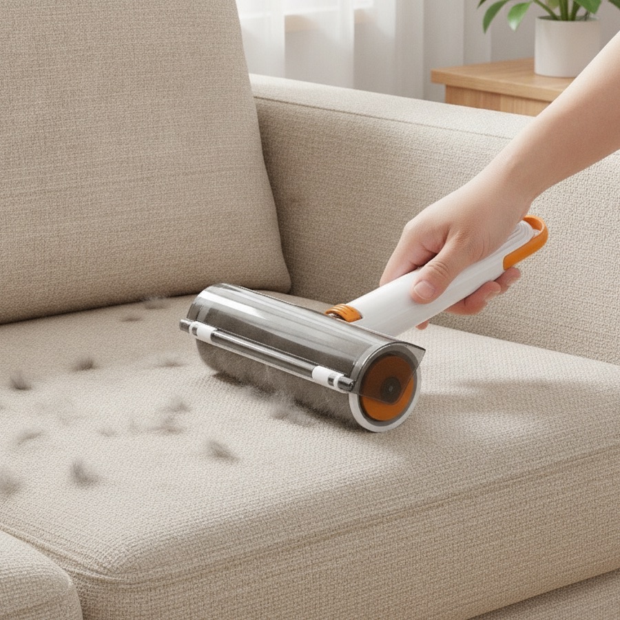 Hand lowering the FurWhirl roller onto a fur-covered sofa cushion