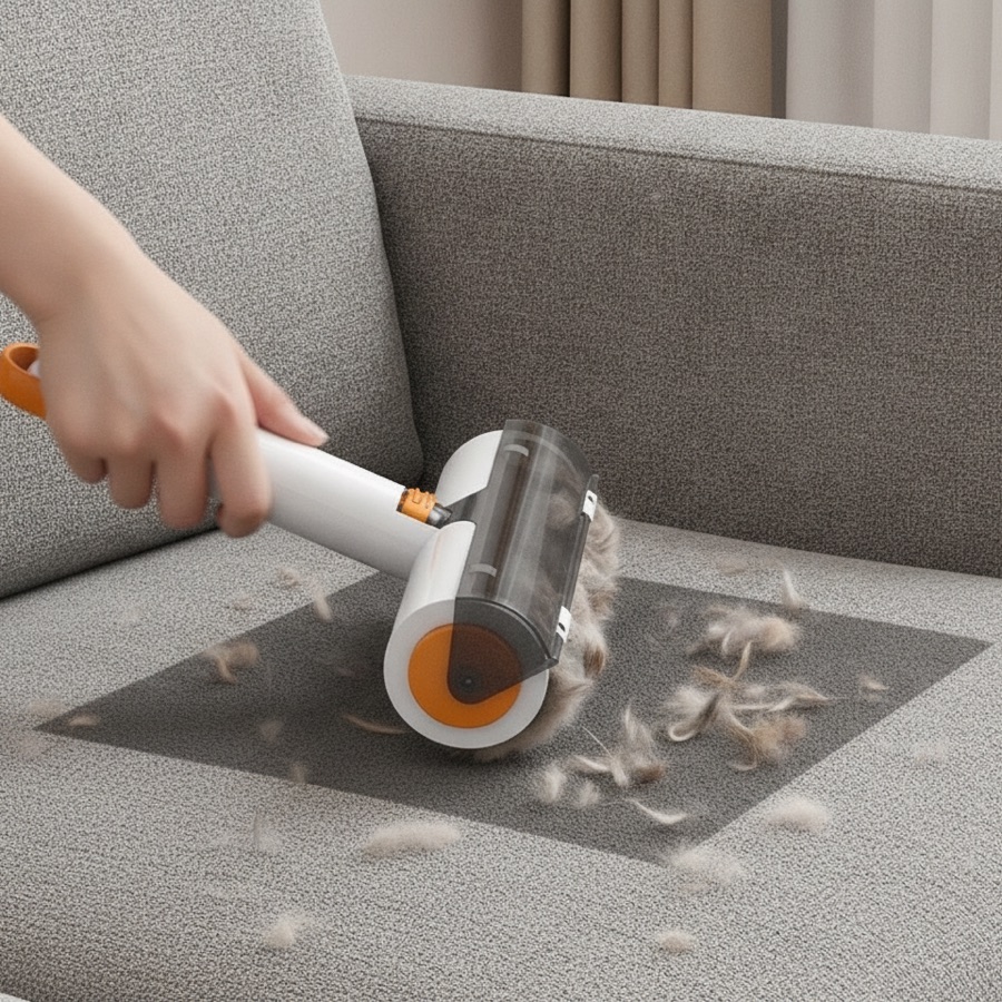 FurWhirl mid-stroke leaving a clean track through pet hair