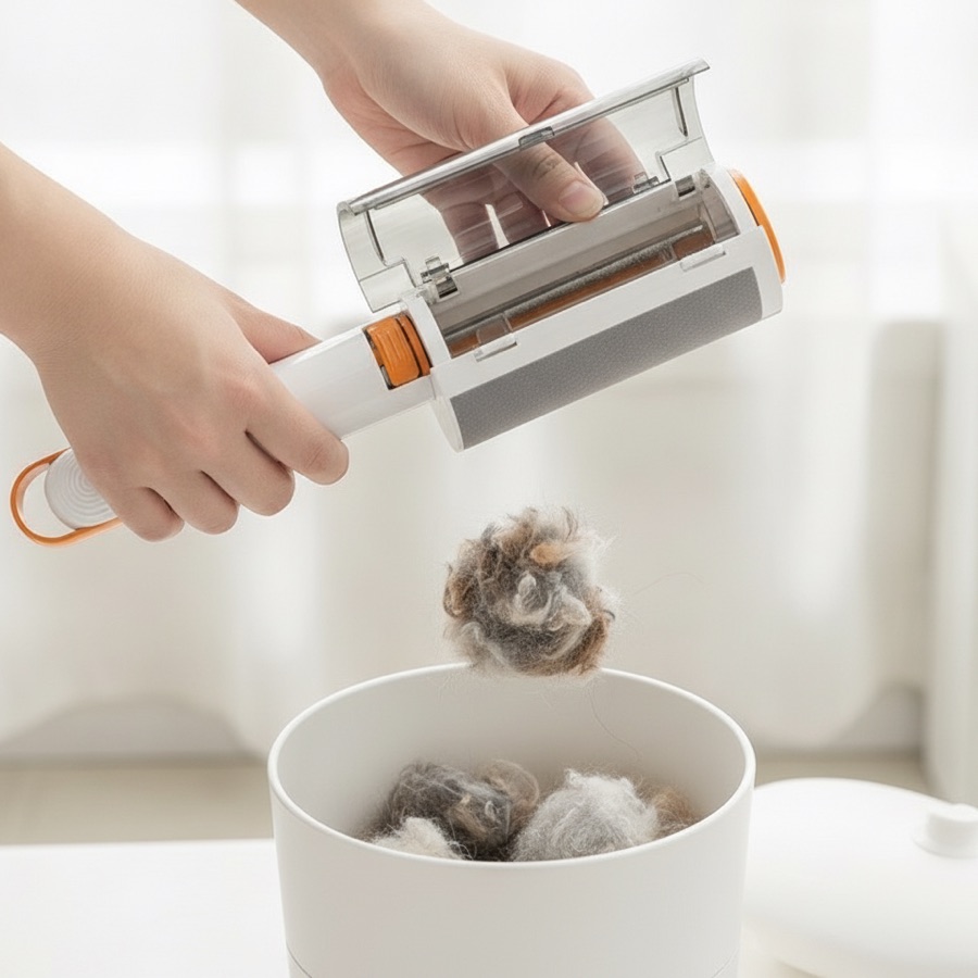 FurWhirl lid open, emptying collected fur into a bin